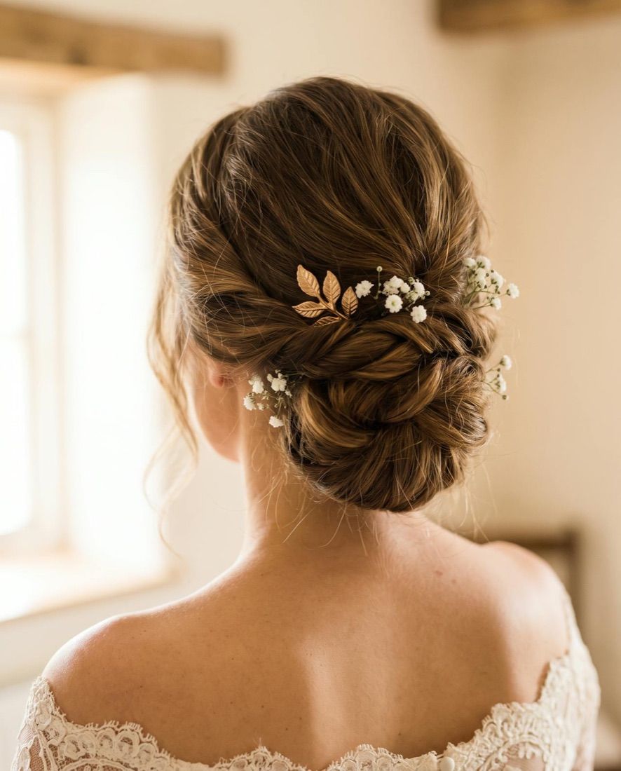 Festliche Hochsteckfrisur mit Haarschmuck, von hinten fotografiert